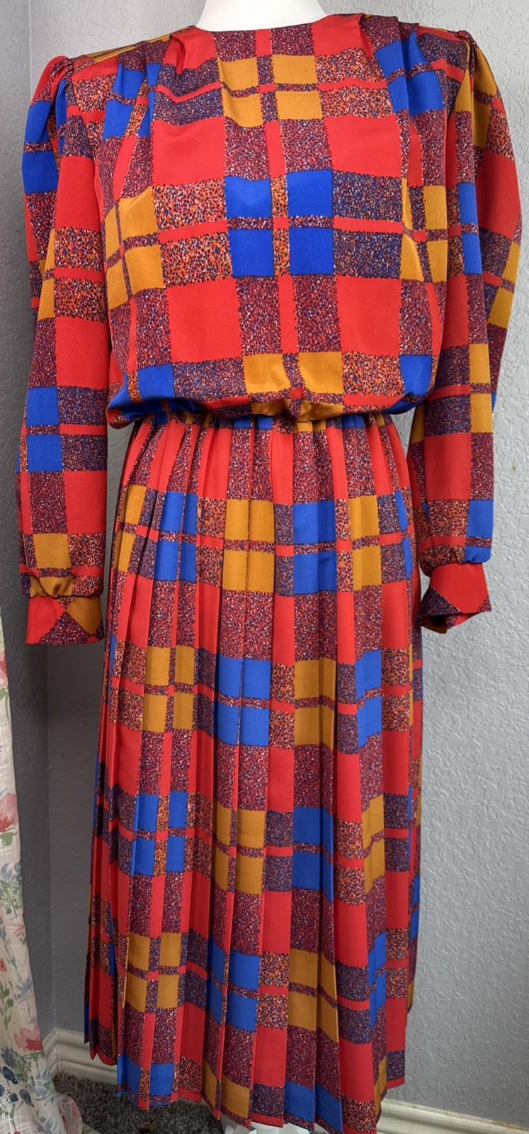 VTG 80s Patchwork Eileen Scott Pleated Secretary Geek Dress USA Long Sleeve