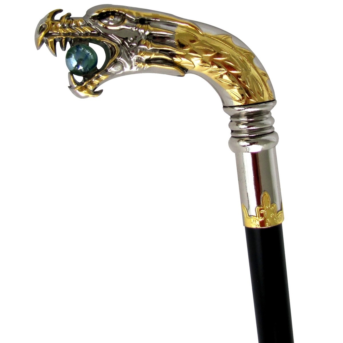 Medieval Silver Plated Dragon Head Cane Walking Stick Chrome Handle Metal Shaft