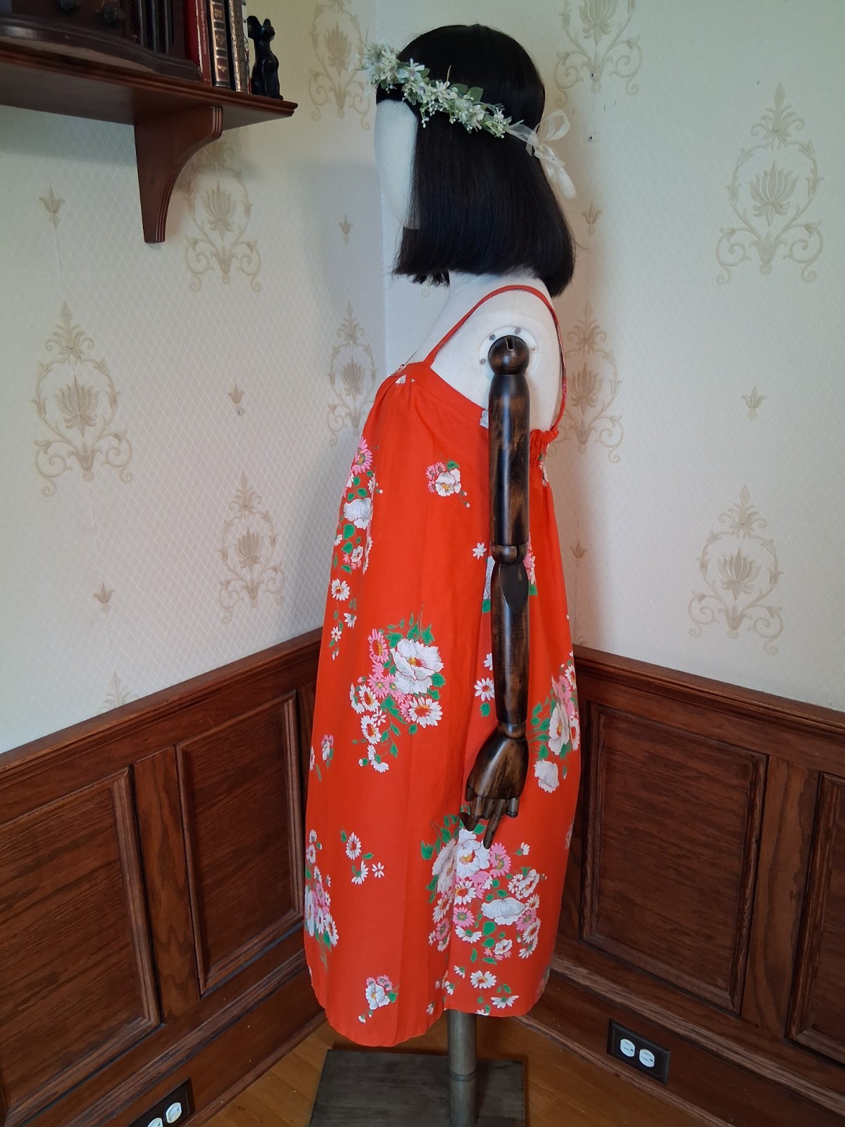 Vintage 1960s/1970s Red Floral Smocked Cotton Blend Mod Hippie Boho Sundress