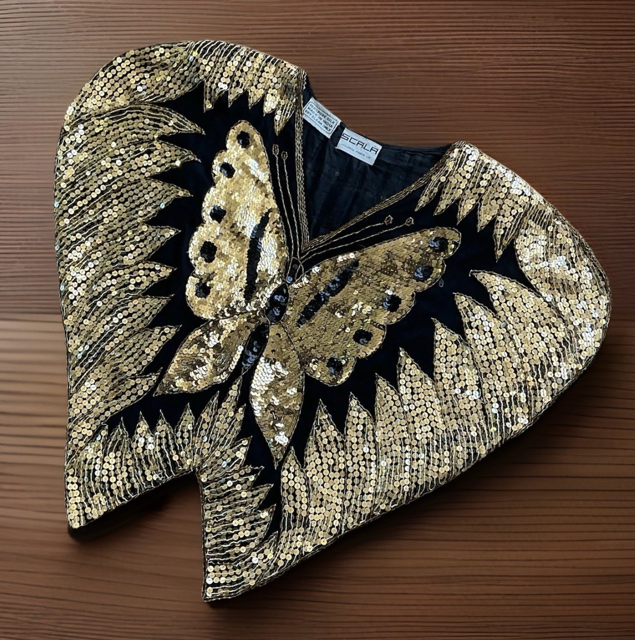 VTG 80s SCALA Women’s O/S Black Silk Gold Sequins Butterfly Top Glam Art Deco
