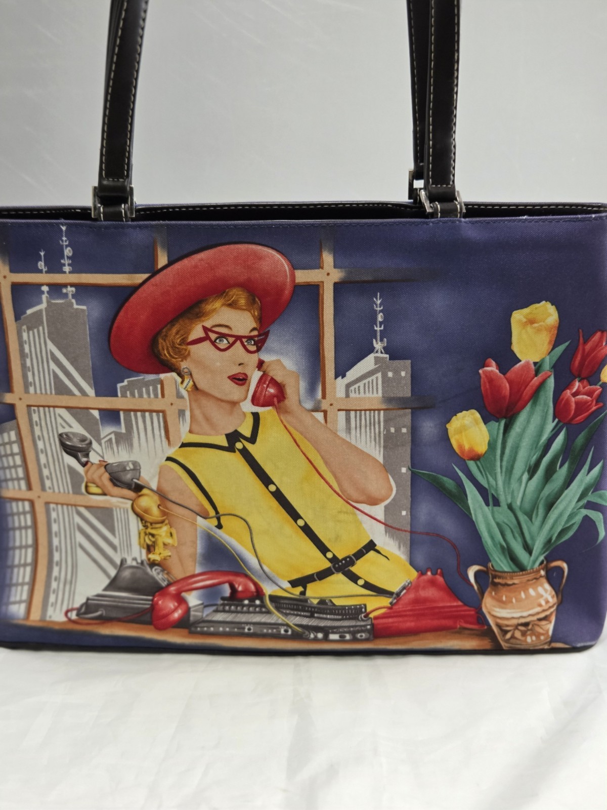 Vintage,1950s Retro Style,canvas Leather Handbag, 2 Sided, Front With Rinestone