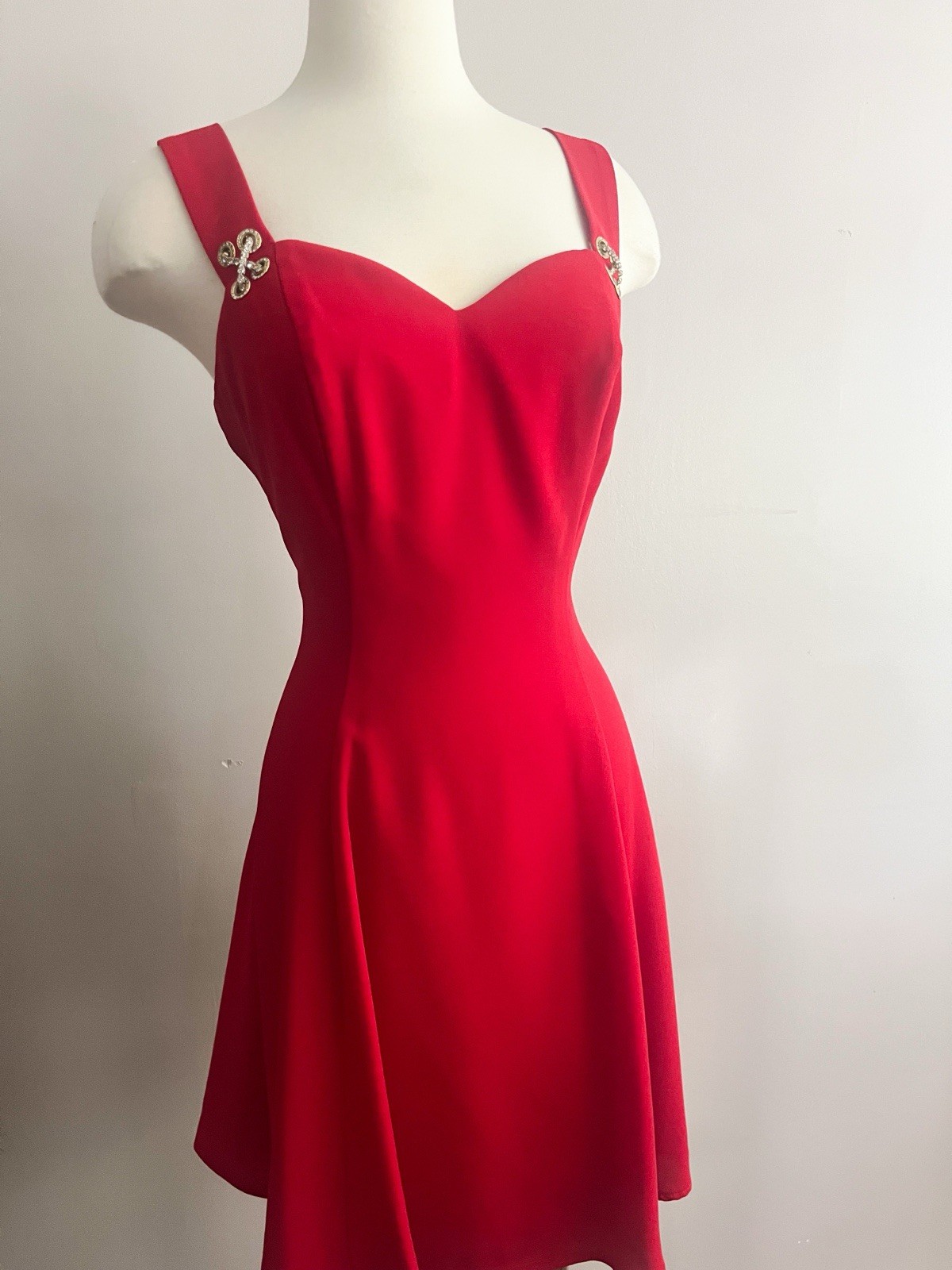 90s Vintage Red Cocktail Dress with Rhinestone detail sweetheart neck
