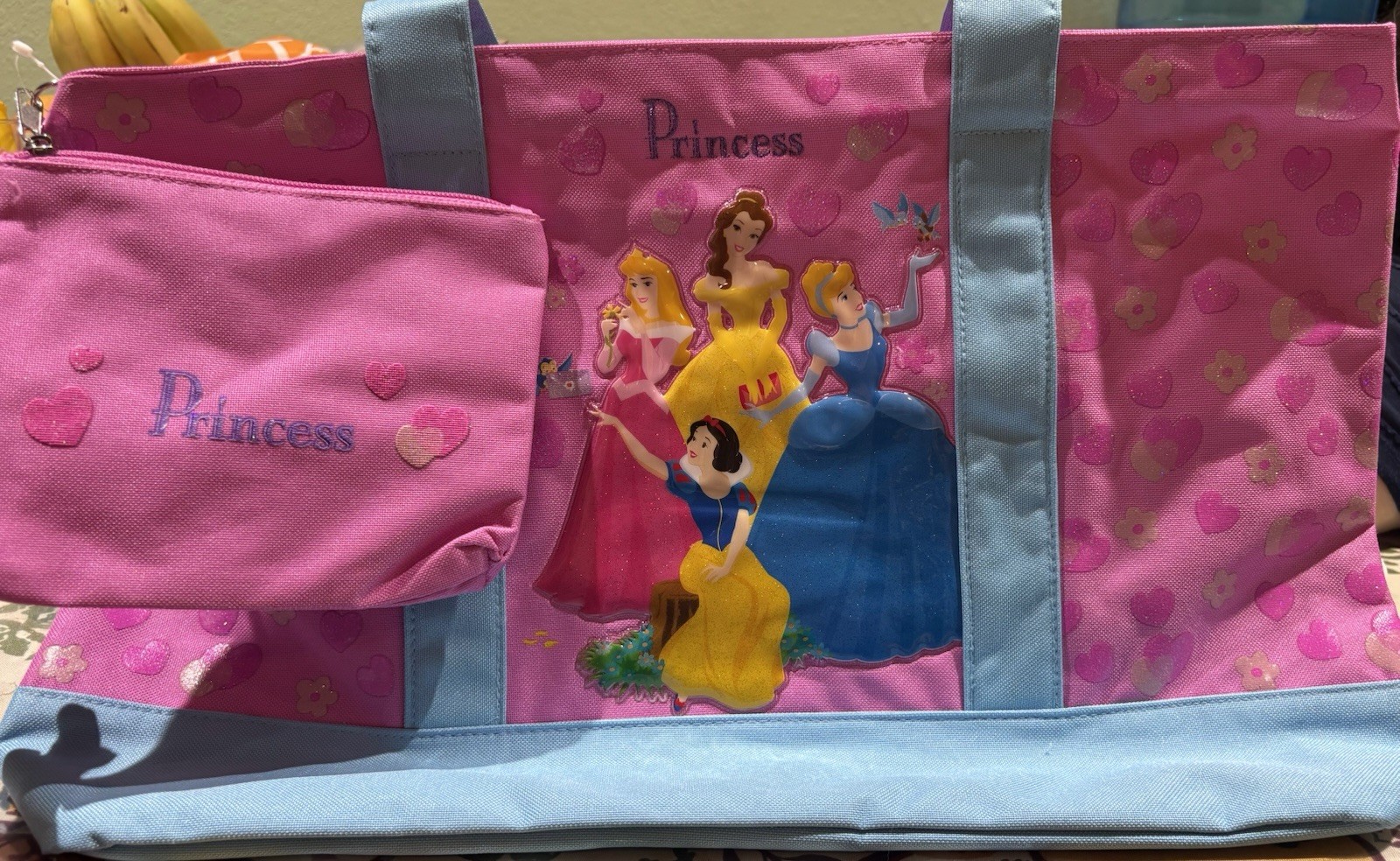 Disney Princess Cinderella, Snow White, Aurora, Belle Pink/Blue Zip Duffle Bag
