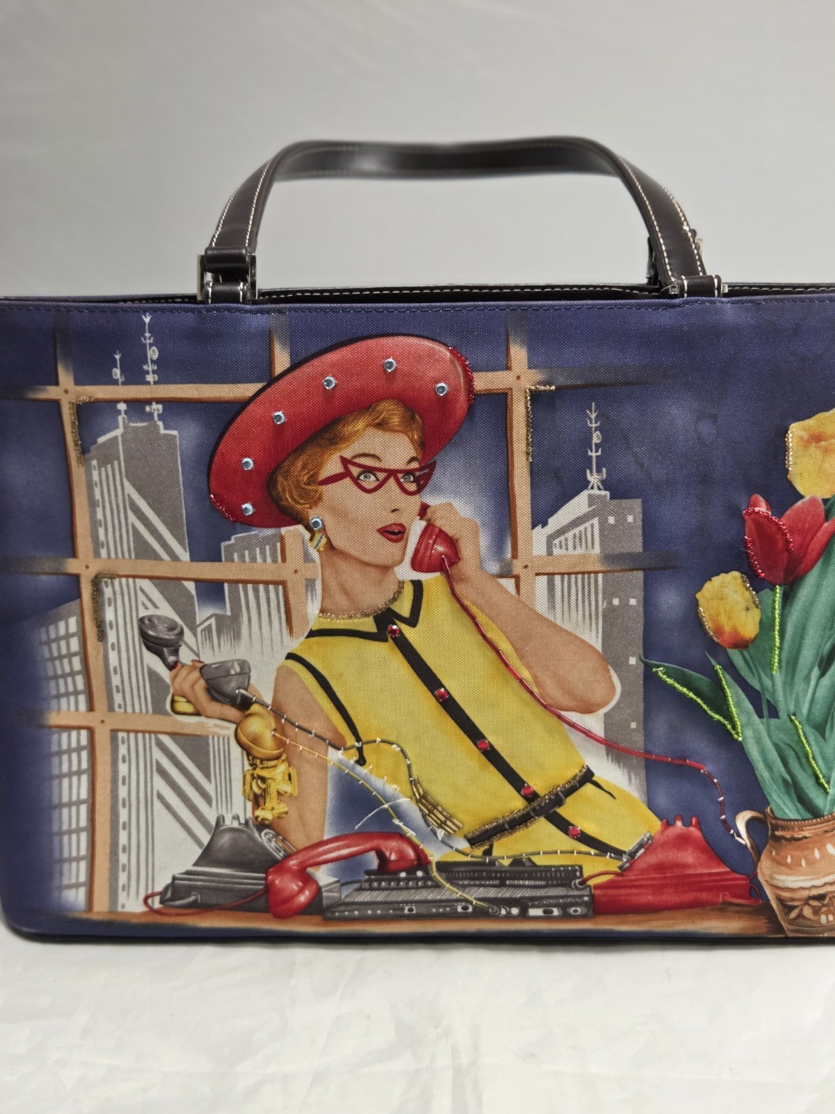 Vintage,1950s Retro Style,canvas Leather Handbag, 2 Sided, Front With Rinestone