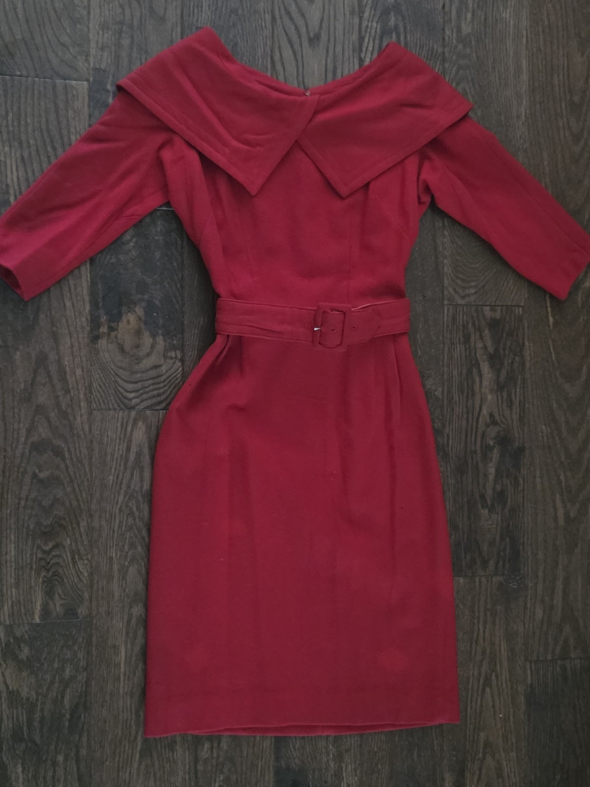 Vintage 1940s 1950s Red Wool Wiggle Dress Sailor Collar Belted Pin Up Rockabilly