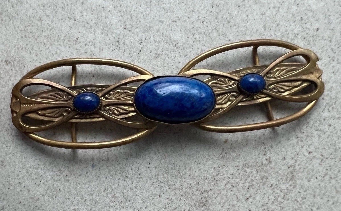 Signed Czech Gablonz Art Nouveau Brass Buckle Blue Lapis Glass Cabochon 20s C9