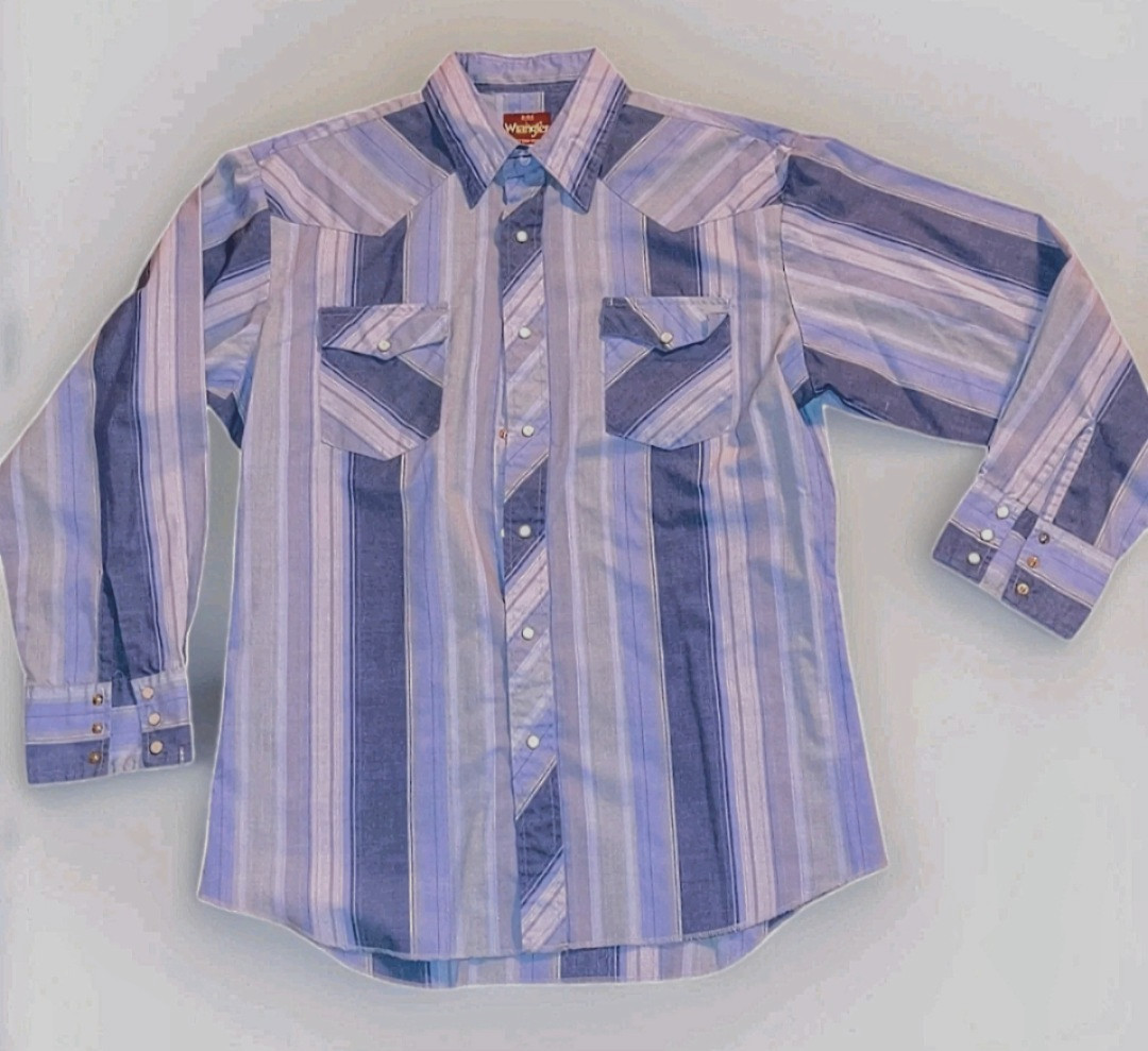 Wrangler Western Shirt – Blue & Gray Stripes Size Large (16-16 1/2) Vintage