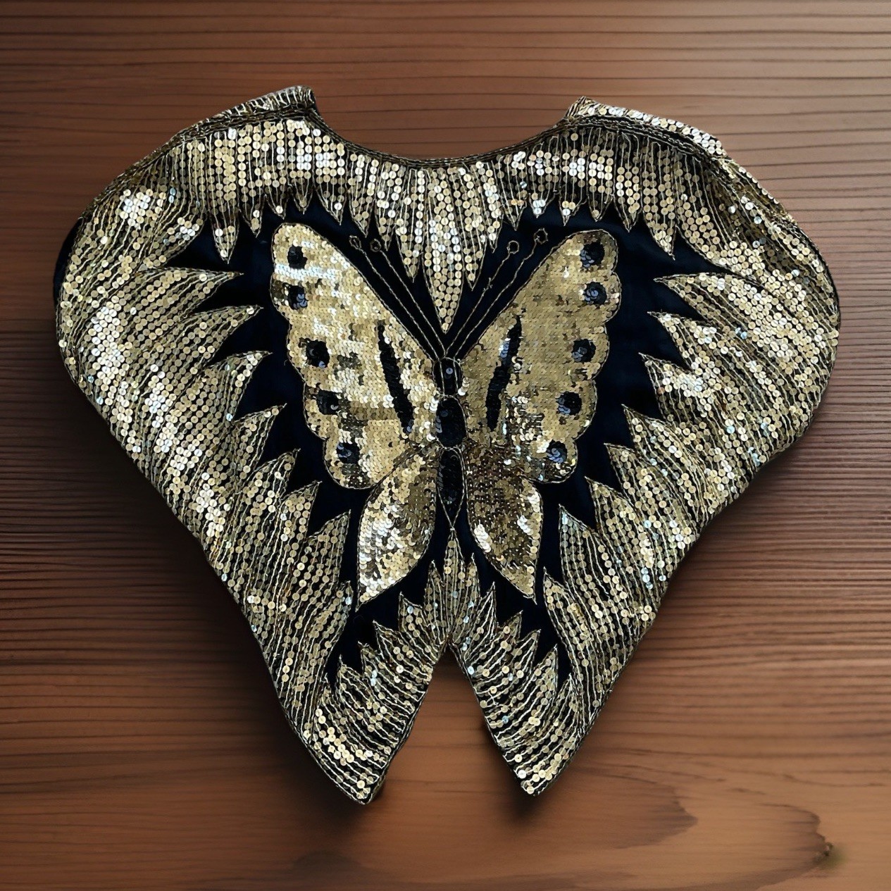 VTG 80s SCALA Women’s O/S Black Silk Gold Sequins Butterfly Top Glam Art Deco
