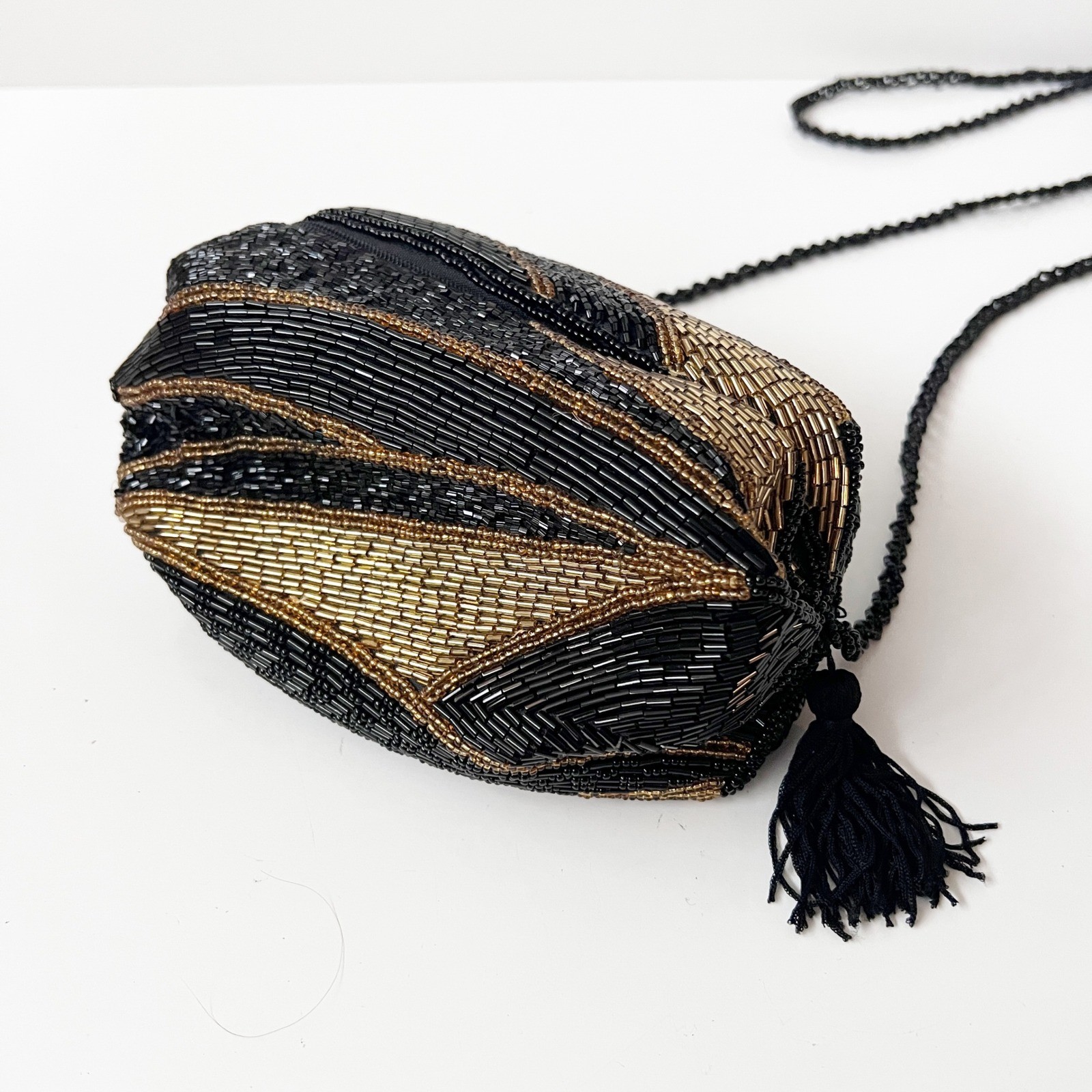 Vintage Beaded Evening Bag Clutch Purse Black Gold Art Deco Tassel Cocktail