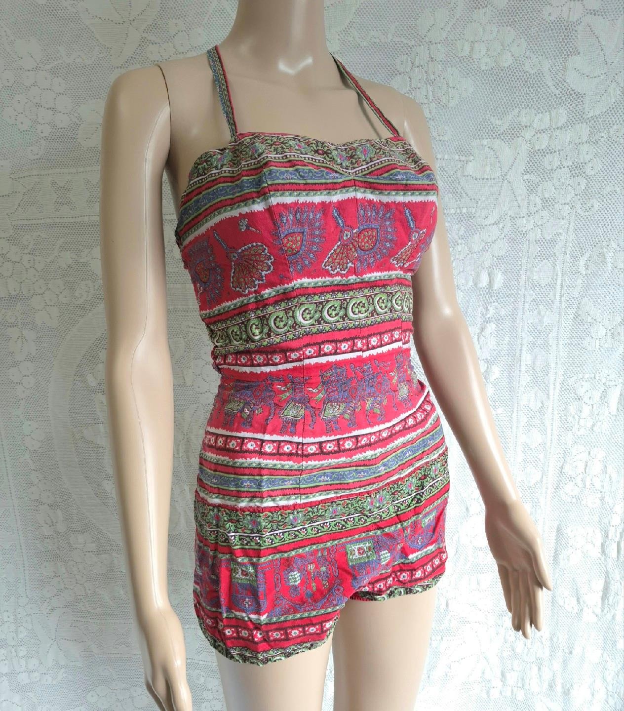 PIN-UP RED COTTON PRINT Rose Marie Reid 1950s Vintage BATHING SWIM SUIT- SM
