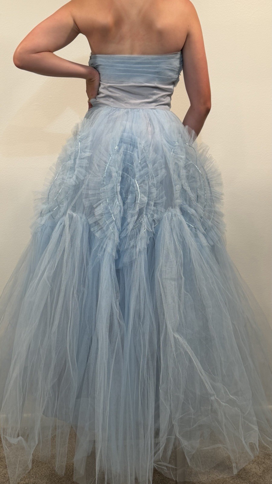 Vintage 50s Dress Gown Cupcake Formal Ruffle Tiered Tulle Prom Princess Blue