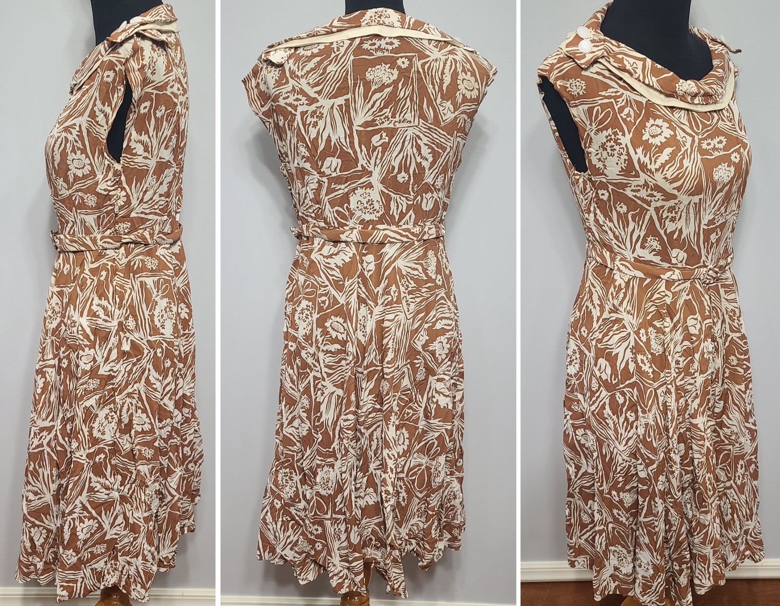 Vintage 1940s 1950s Harvest Novelty Print Dress Flower AS-IS WWII (B-36″ W-30″)