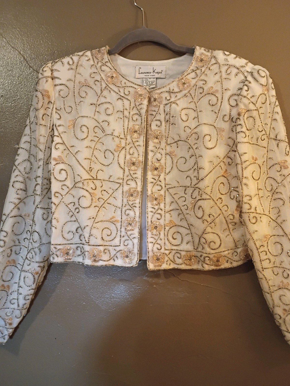 Vintage Lawrence Kazar Ivory Beaded Silk Bolero Jacket w/ Gold Thread size M