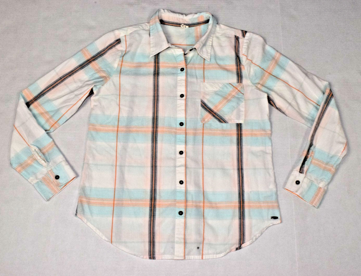 Vintage Womens Shirt Rip Curl Size L 90s Turquoise Orange Plaid Single Pocket