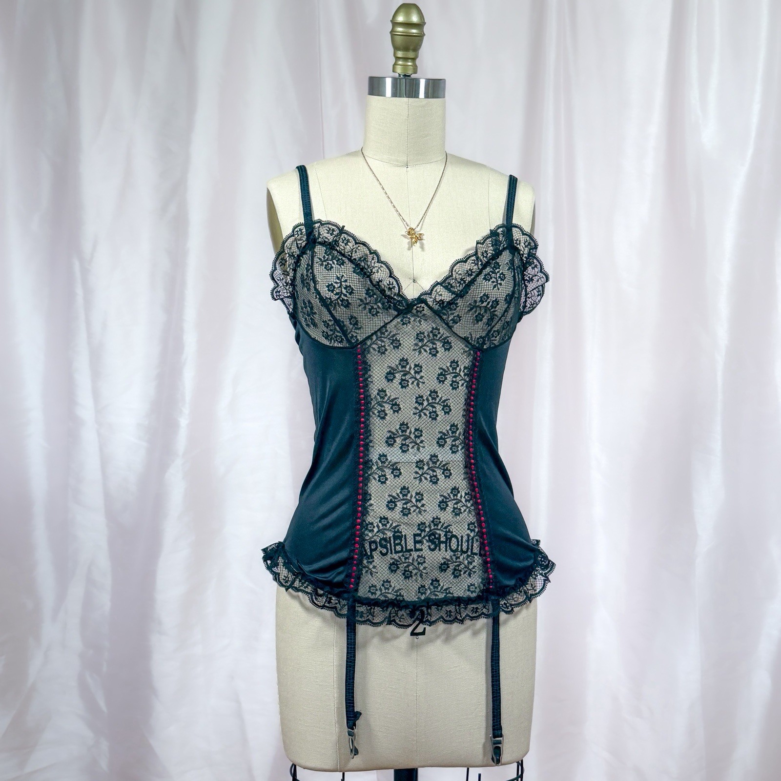 Vintage 70s 80s Nan Flower Black Lace Garter Bustier S M