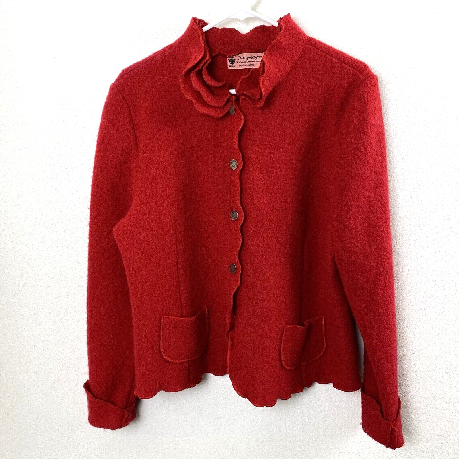 Vintage Jungmayer Womens Red 100% Wool Jacket Medium? Ruffle Collar Coin Buttons