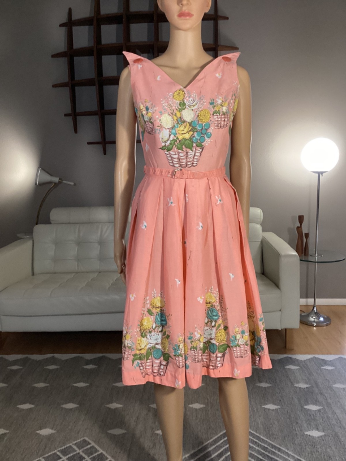 Vintage 1950s Flower Basket Bouquet Pink Cotton Belted Sun Dress Novelty Print