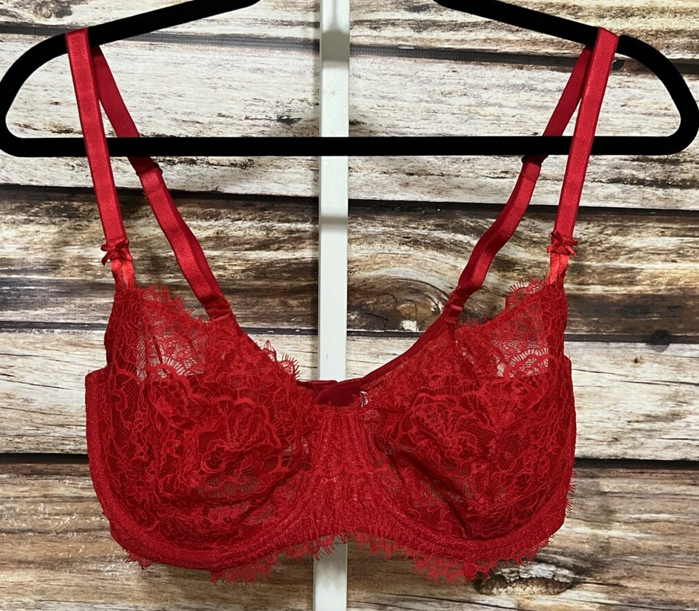 Victoria’s Secret 38DD Deep Red Lace Pushup Underwire Bra Unpadded Lingerie