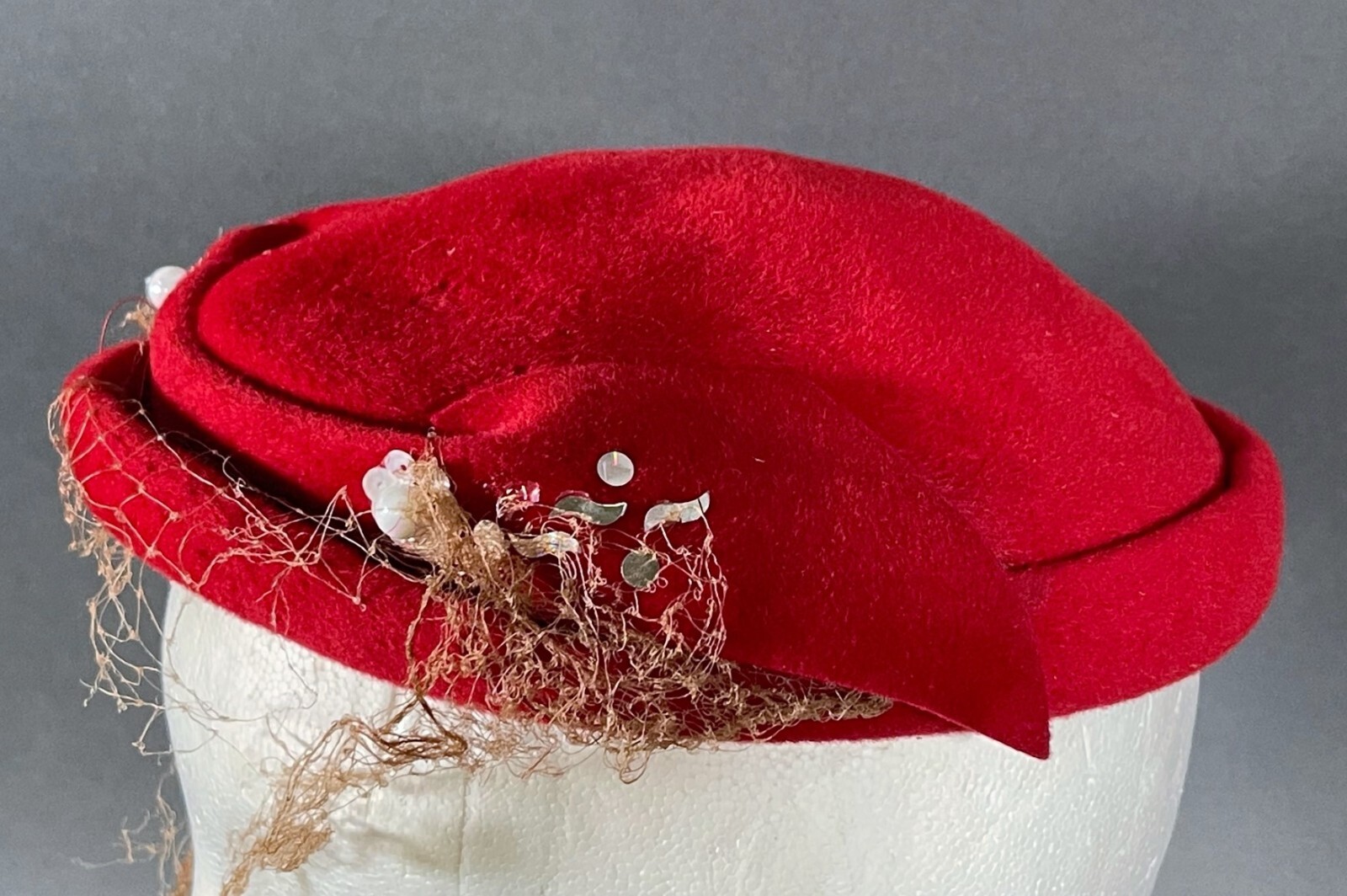 Vintage PUSSY WILLOW Red Felt Velour Halo Hat w/ Decorative Trim Side