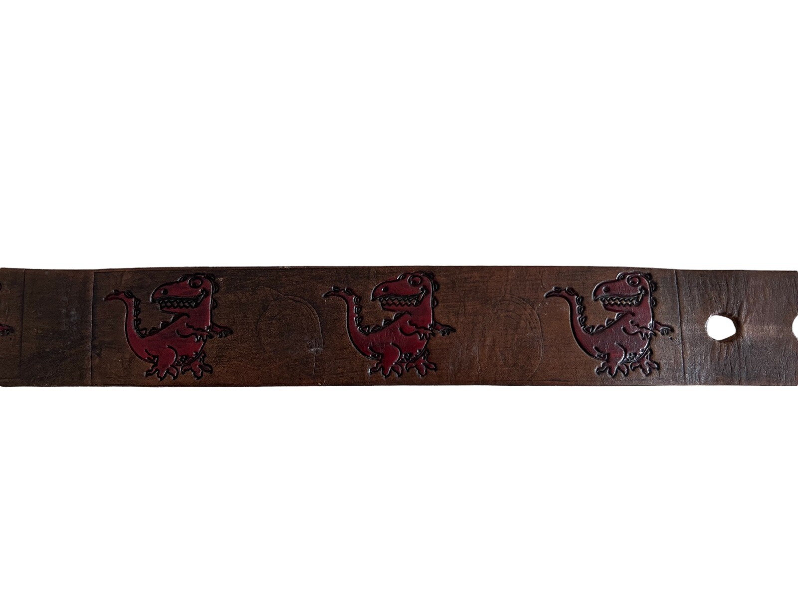 Fiorucci Vintage Kids Brown Leather Red T-Rex Engraved Logo Belt Size M 24-30