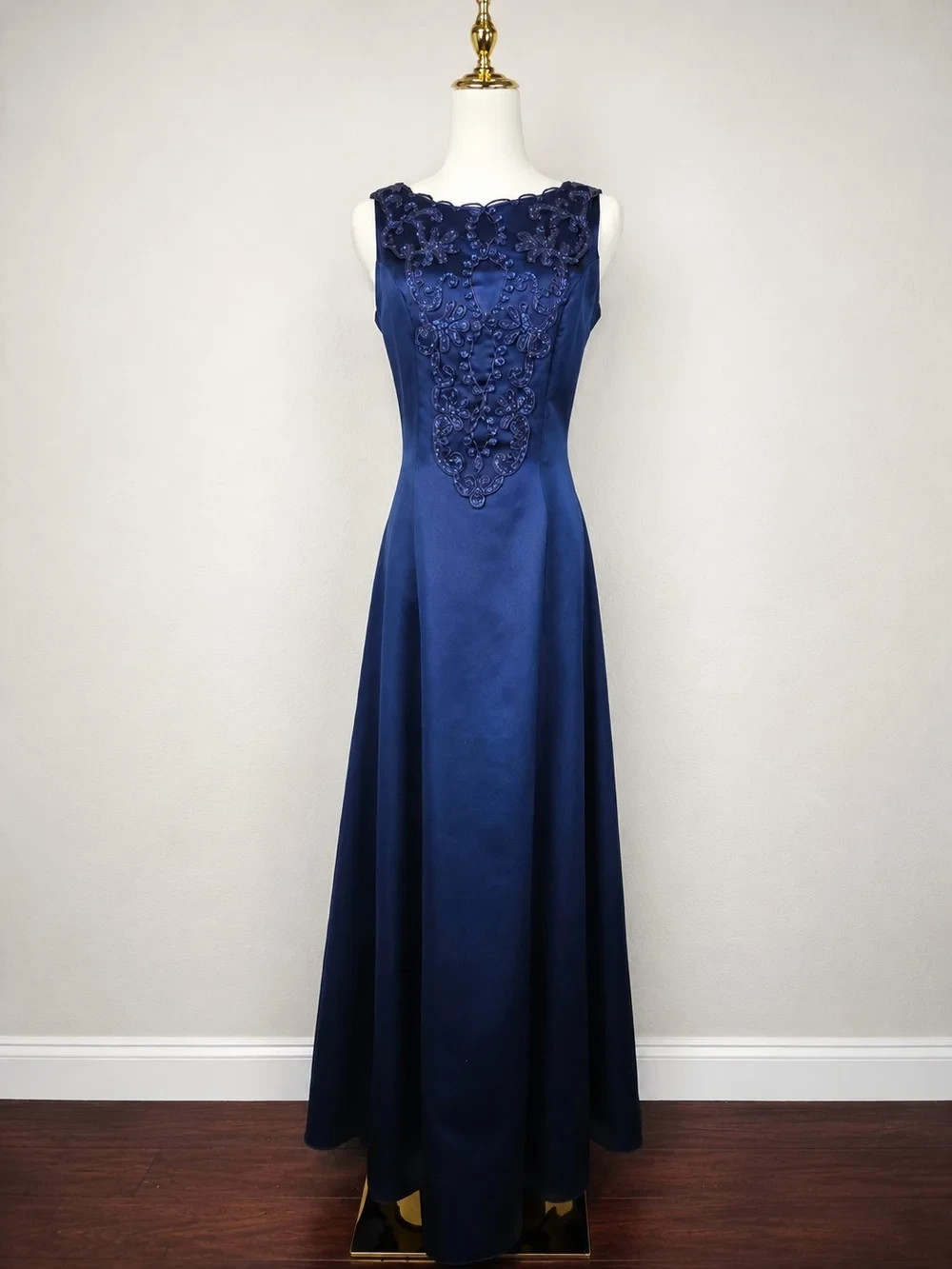 Vintage 80s 90s Loralie Original Navy Satin Open Back Bow Prom Gown 12