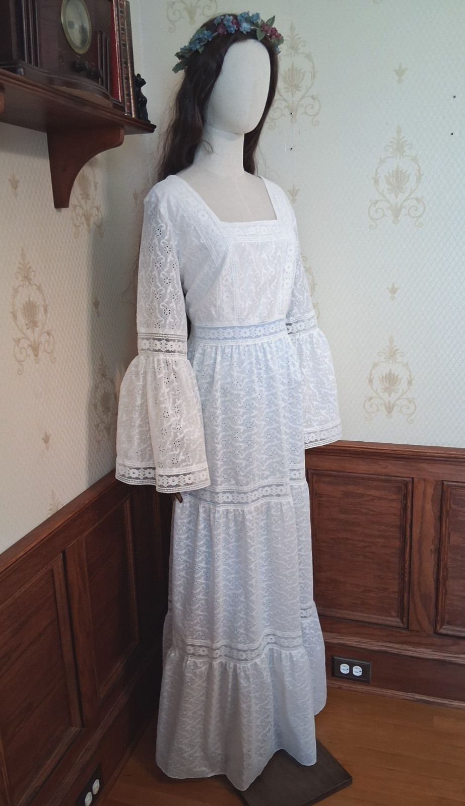 Vintage 1970s Montgomery Ward White Lace Prairie Cottagecore Maxi Dress, Sz 20 T