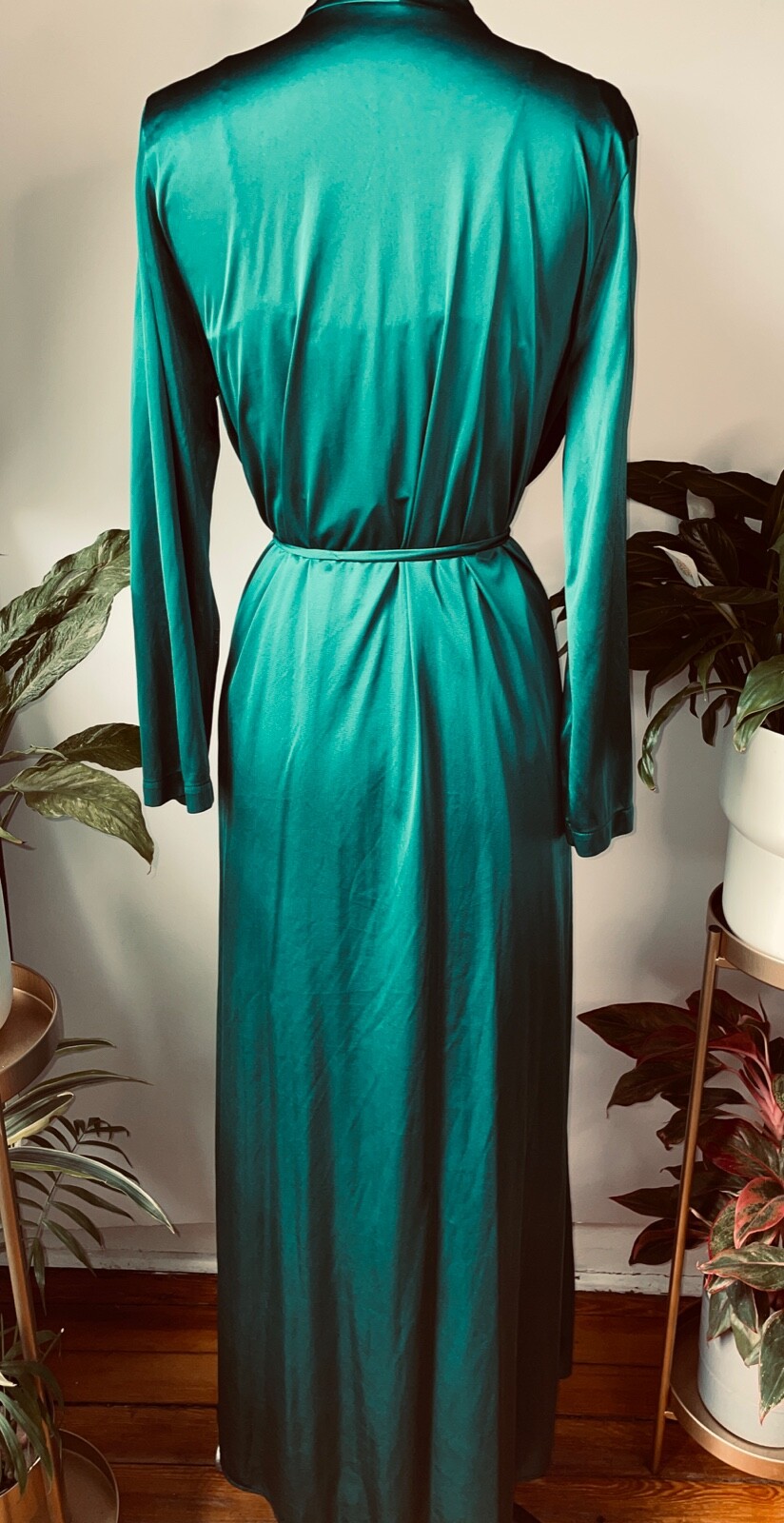VTG 70’S FRENCH MAID*GREEN NYLON&WHT FLORAL EMPIRE WAIST NIGHTGOWN&PEIGNOIR*M/L