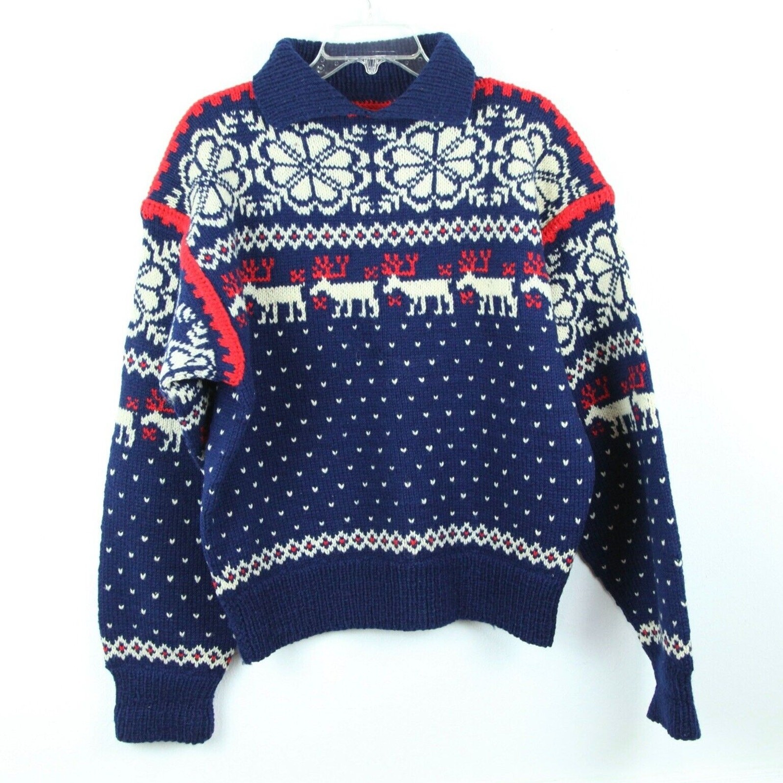 Vintage 50s Hand Knit Sweater Collared Pullover Birdseye Novelty L 50″ Wool Ski