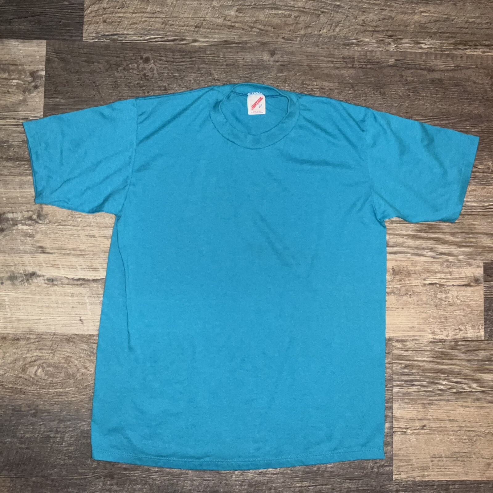 vintage 80s 90s JERZEES BLANK AQUA BLUE 50/50 MADE IN USA t-shirt Size L