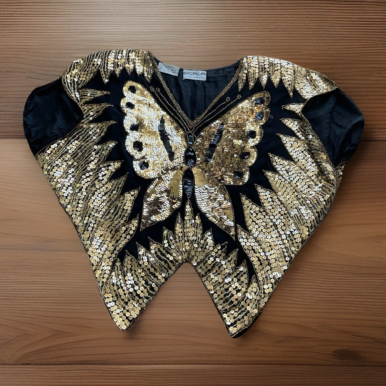 VTG 80s SCALA Women’s O/S Black Silk Gold Sequins Butterfly Top Glam Art Deco