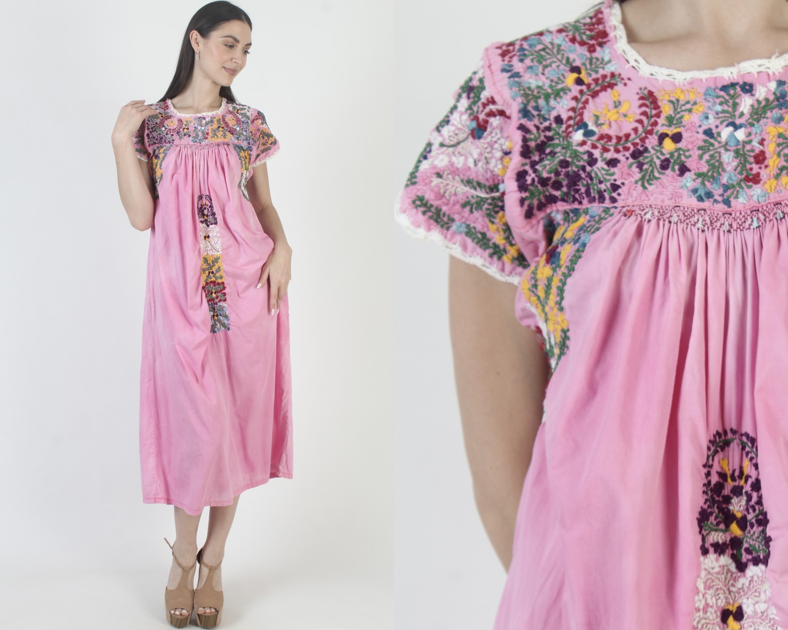 Vtg Pink Tie Dye Oaxacan Dress Mexican Embroidered San Antonio Kaftan Sundress