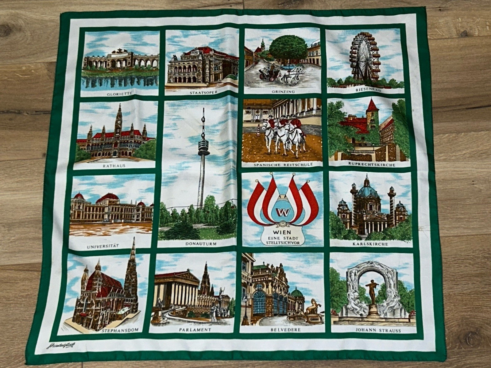 Austria Vienna Souvenir Scarf Landmarks StrieBnigtuch Signed 26″ X 26″ Vintage