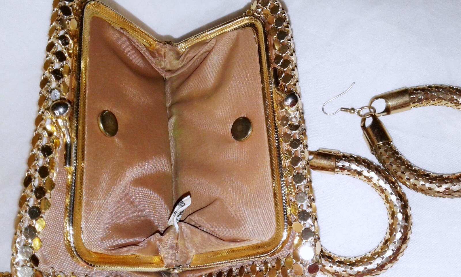 Vintage Gold Plated Mesh Lot Wristlet Bag Purse Wallet Hoop Earrings Glomesh