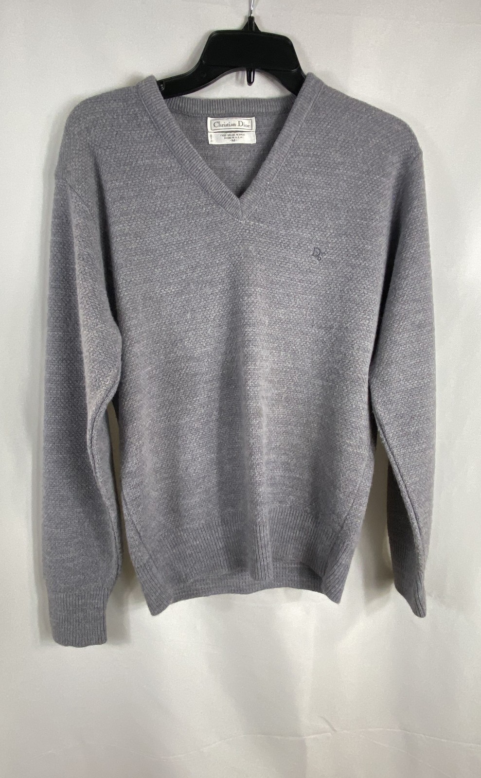Vintage 80s Christian Dior Men’s Grey V-Neck Orlon Acrylic Sweater Sz M