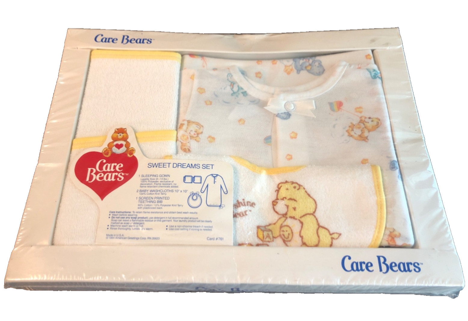 Vintage Care Bears Sweet Dreams Baby Gown Set New 1980s Layette Bib Washcloths