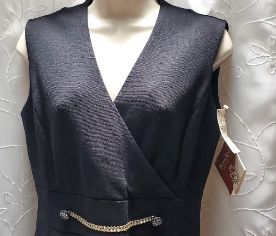 Vtg BUTTE KNIT BLACK SLEEVELESS FAUX WRAP A LINE DRESS RHINESTONE TRIM 12 U.S.A.