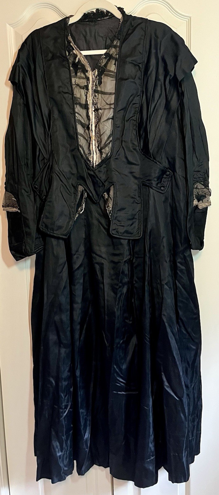 Antique 1917 Black Edwardian Satin Dress & Feathered Hat Set