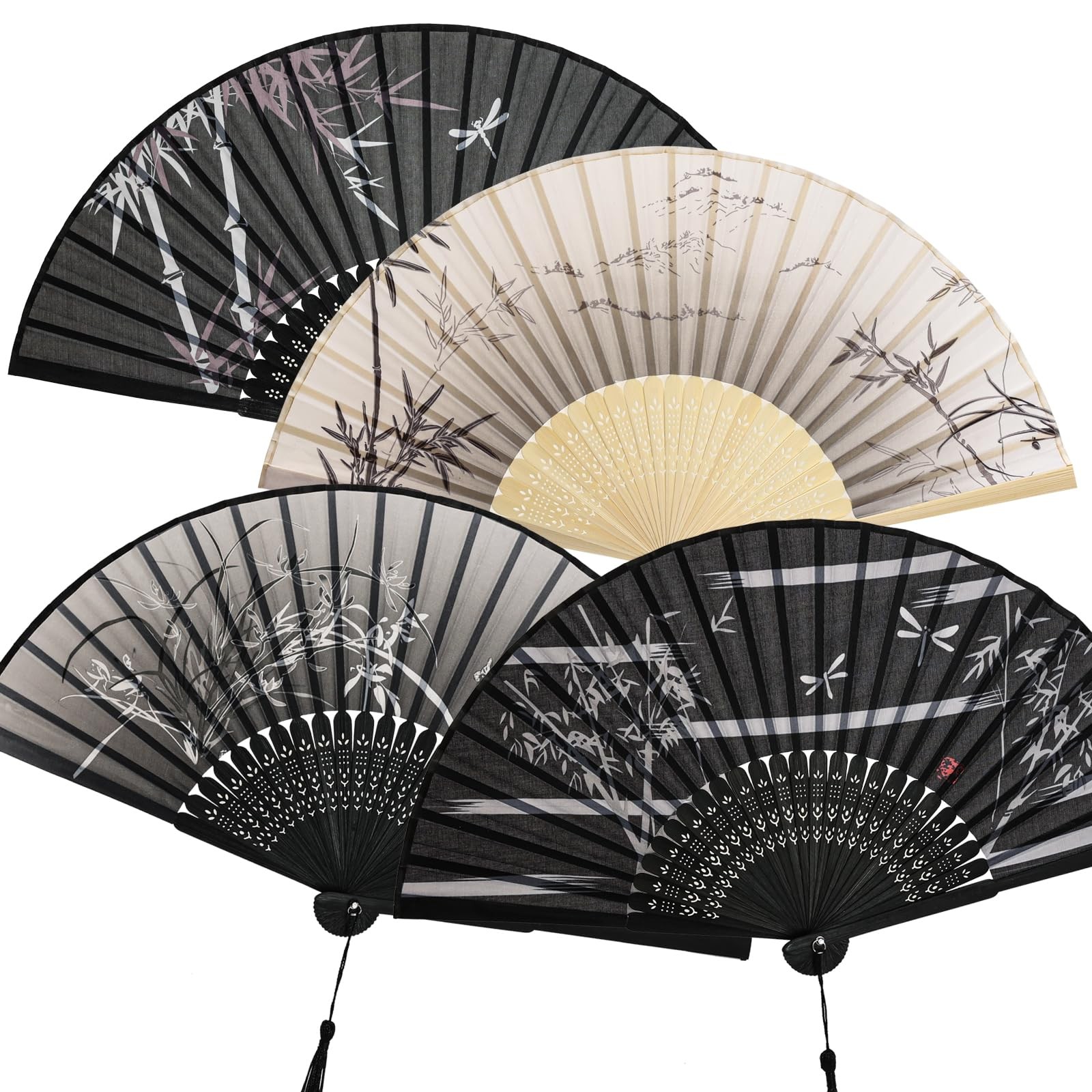 4 Pcs Handheld Folding Fan Small Chinese Silk with Tassel Floral Manual Fan Hand