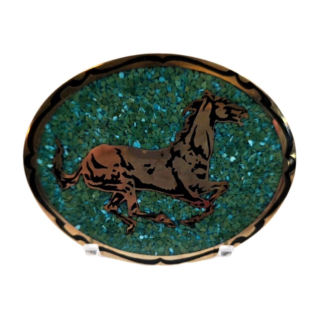 Vintage Horse Brass Belt Buckle Turquoise Chip Inlay Signed MJL 1981 Western