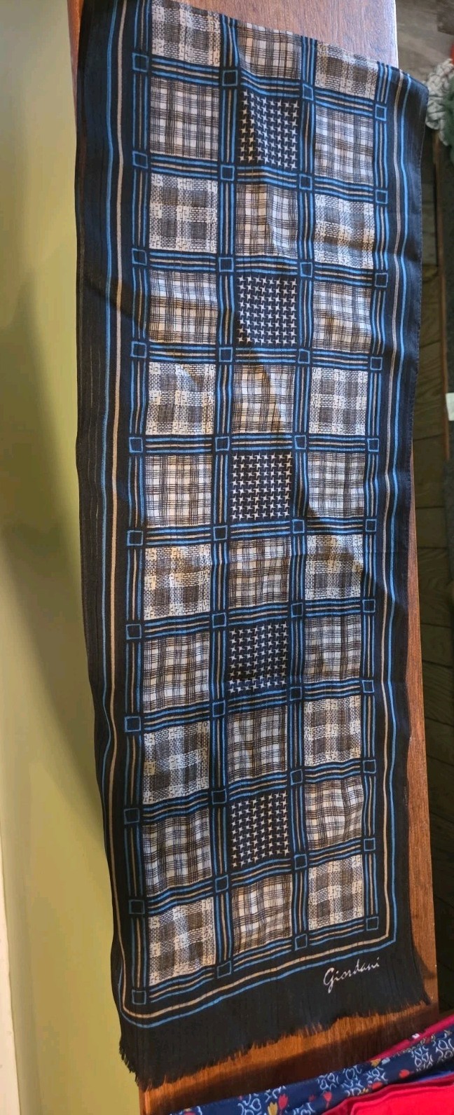 Vintage Giordani Italy Scarf Geometric Plaid Square Blue Gold Fringed Retro 80s
