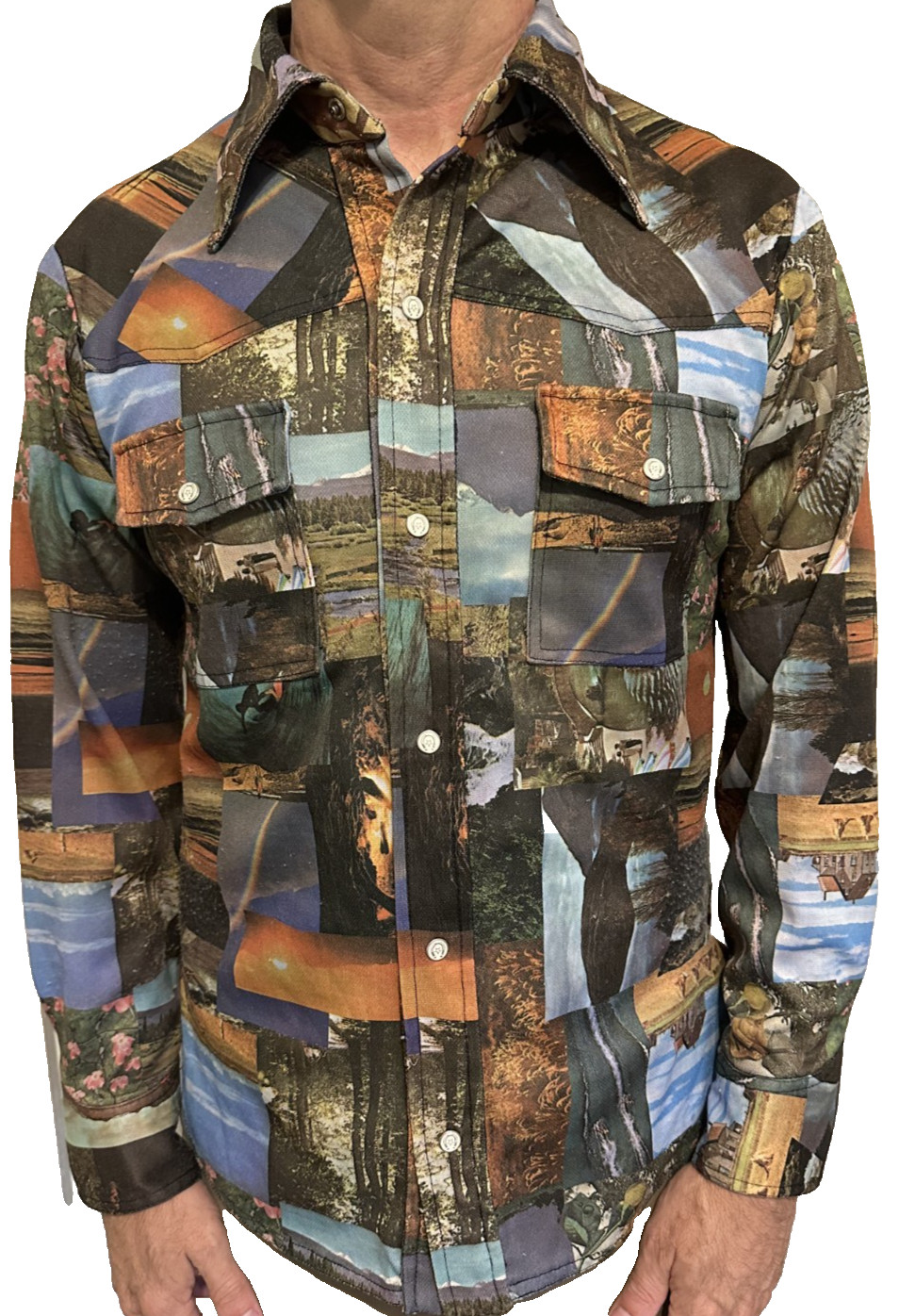 Vintage 70s Photo Collage Shirt Snap Polyester Retro AOP Outdoors Rainbow Mens M