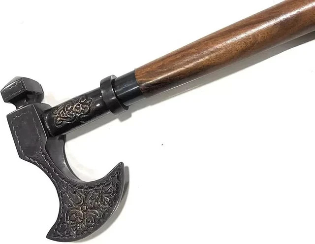 Vintage Style Brass Axe Head Handle Nautical 37″Wooden Walking Stick Cane Gift.