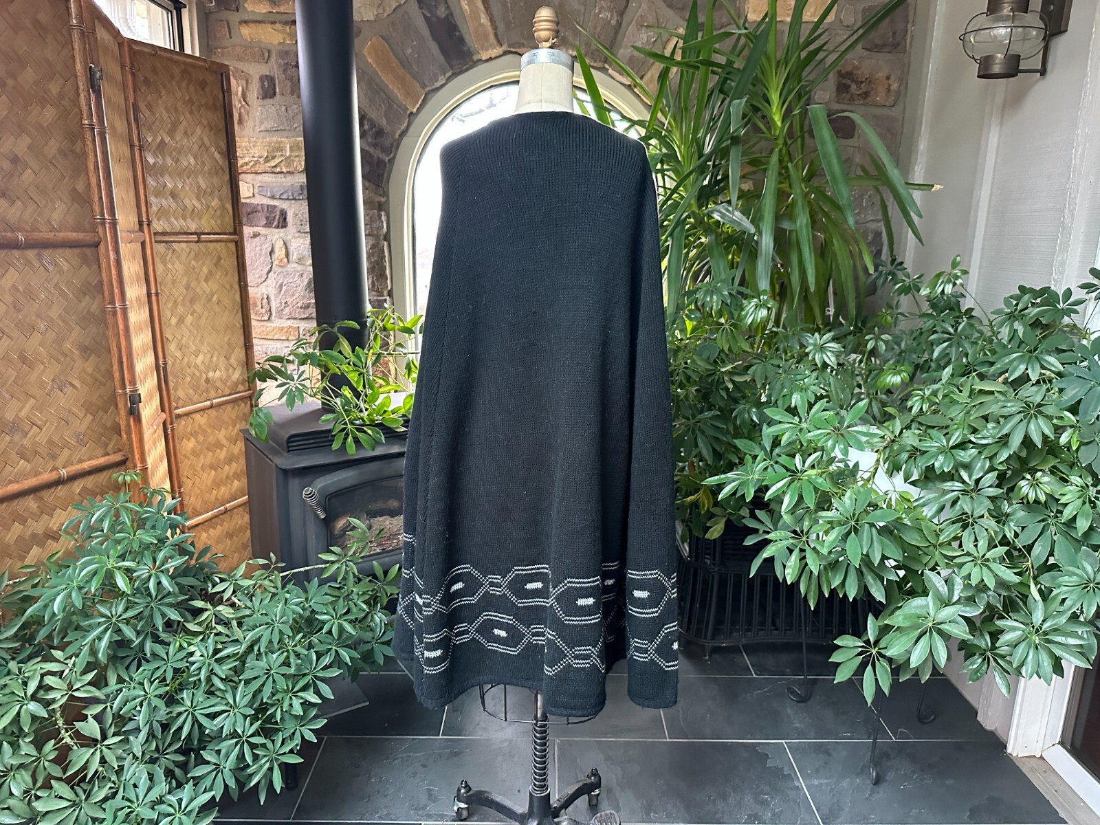 Vintage 1970s Black and White Acrylic Button Front Knee Length Cape Sturbridge