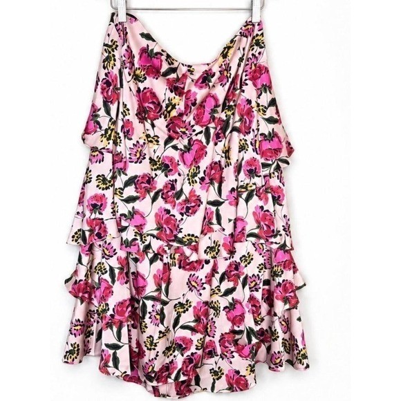 NWT Pink Floral Tiered Ruffle Midi Skirt Large Cottagecore Garden Party Resort