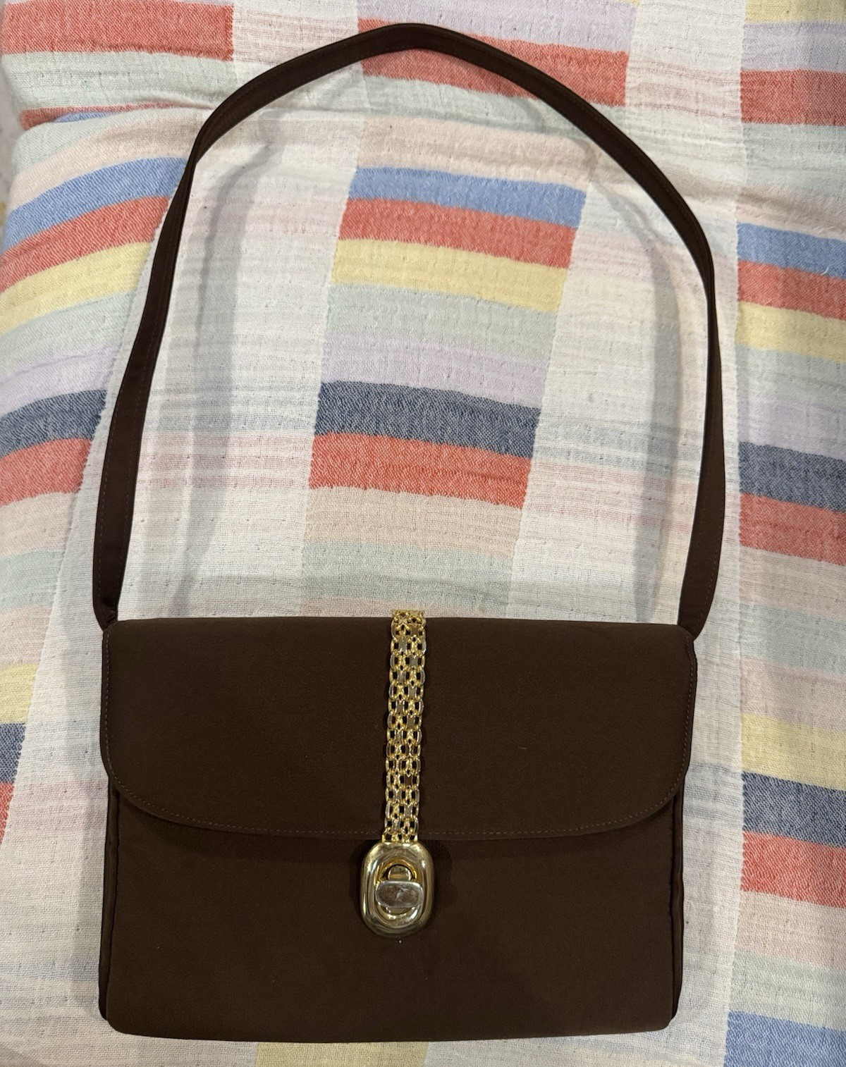 VTG Saks Fifth Avenue Brown Satin Evening Shoulder Bag Gold Chain Clasp Purse
