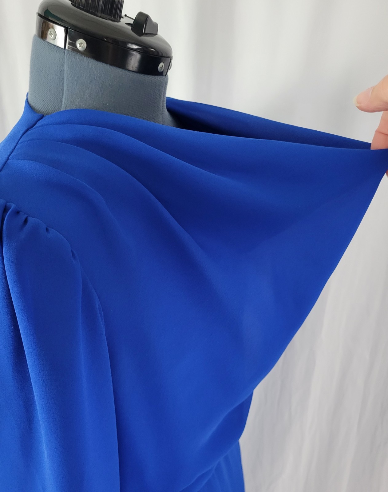 Vtg Lisa Michaels Blue Blouson Dress w Draped Neckline & Matching Belt Size 8
