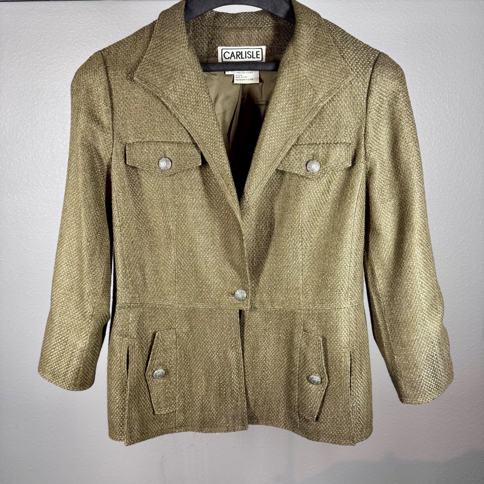 VTG Carlisle Olive Textured Blazer w/Four Patch Pockets & Silver-Tone Buttons