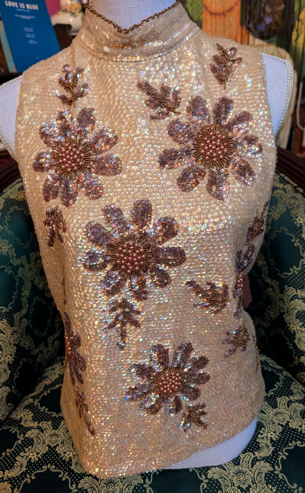Valentina VTG Women Formal Top High Neck Sz L Sequin Dense Floral Beadwork 50s