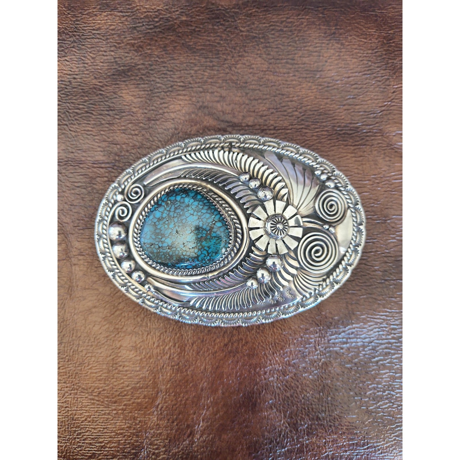 Vintage Navajo Sterling Silver Kingman Turquoise Belt Buckle, Signed L, 76.2g