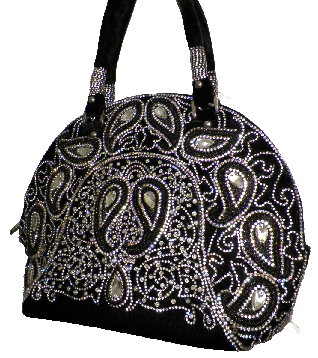 Vintage Unbranded Black Velvet Clear & Black Rhinestone Covered Handbag